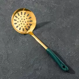 Шумовка base, 35×12×6 см, цвет ручки зелёный, цвет металла золотой