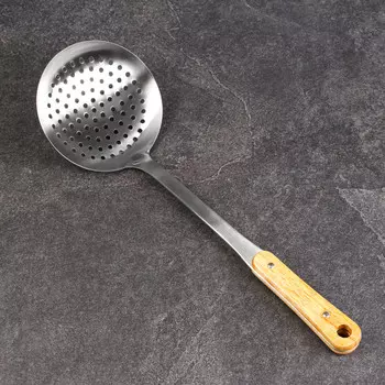 Шумовка для казана шафран, 40 см, диаметр 14 см, деревянная ручка, металл