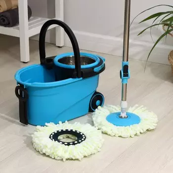 Швабра с отжимом доляна: ведро с металлической центрифугой, 18 л, запасная насадка из микрофибры, цвет синий