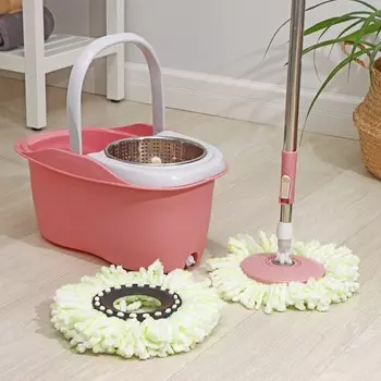 Швабра с отжимом и ведро с металлической центрифугой доляна, 46,528,523,5 см, 10 л, телескопическая ручка 86-117,5 см, дополнительная насадка из микрофибры 15,5 см, цвет розовый
