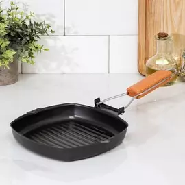 Сковорода-гриль, 22×22 см, складная деревянная ручка, цвет чёрный