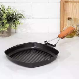 Сковорода-гриль, 24×24 см, складная деревянная ручка, цвет чёрный