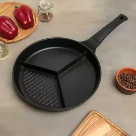 Сковорода-гриль литая, 29×6 см, 3-х секционная, индукция, цвет чёрный