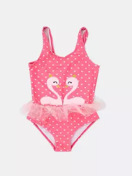 Слитный купальник розового цвета с юбочкой из сетки для девочек