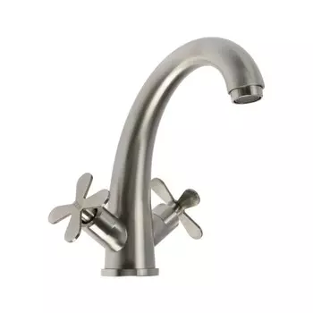 Смеситель для раковины zein z3728, двухвентильный, длина излива 12.5 см, сатин