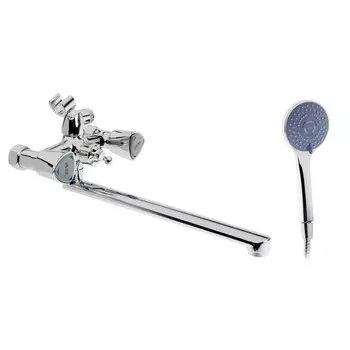 Смеситель для ванны zein z3726, двухвентильный, излив 30 см, лейка 3 режима, хром