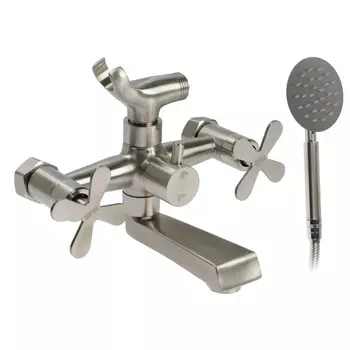 Смеситель для ванны zein z3732, двухвентильный, излив 10 см, лейка, шланг, сатин