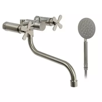 Смеситель для ванны zein z3733, двухвентильный, s-образный излив 21 см, лейка, шланг, сатин