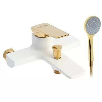Смеситель для ванны zein z3891, однорычажный, шланг, держатель, белый/gold=