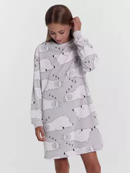 Сорочка ночная для девочек светло-серая с ламами