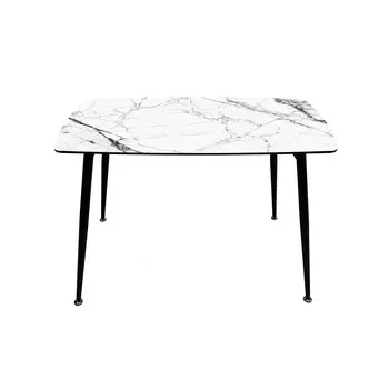 Стол обеденный Брик, стекло с фотопечатью белый мрамор, каркас черный