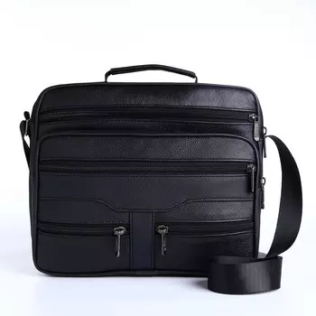 Сумка деловая мужская, 2 отдела на молниях, 4 наружных кармана, длинный ремень, черная