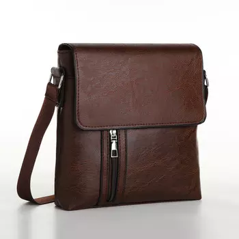 Сумка планшет мужская на молнии, 2 наружных кармана, коричневая