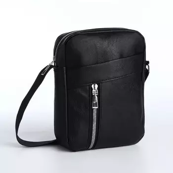 Сумка мужская через плечо на молнии, 2 наружных кармана, черная