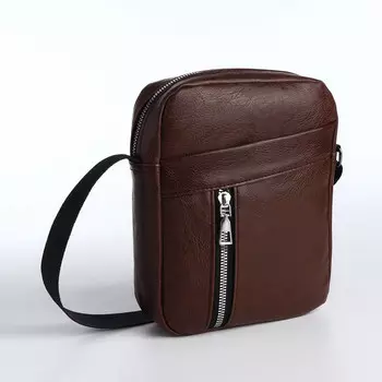 Сумка мужская через плечо на молнии, 2 наружных кармана, коричневая