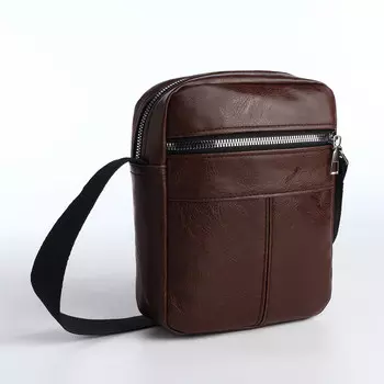 Сумка мужская через плечо на молнии, наружный карман, коричневая