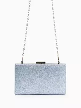 Сумка-клатч женская вечерняя на фермуаре, жесткий корпус, на цепочке, блестящая, серебристая