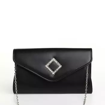 Сумка-клатч женская вечерняя на магните, на длинной цепочке, с декоративным элементом, однотонная, черная