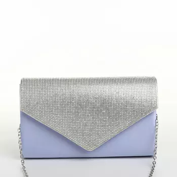 Сумка-клатч женская вечерняя на магните, на длинной цепочке, комбинированная, голубая/серебристая