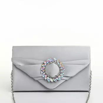 Сумка-клатч женская вечерняя на магните, на цепочке, с декоративной пряжкой, серебристая