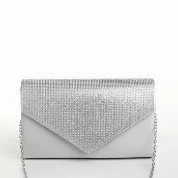 Сумка-клатч женская вечерняя на магните, на длинной цепочке, комбинированная, серая/серебристая