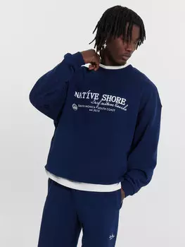 Свитшот мужской синий с принтом в виде надписей