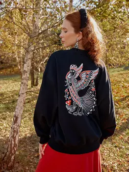 Свитшот женский черный с райской птицей-девой сирин