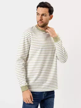 Свободная хлопковая тельняшка мужская в бело-оливковую полоску