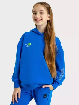 Теплое худи оверсайз для девочек синее с принтом