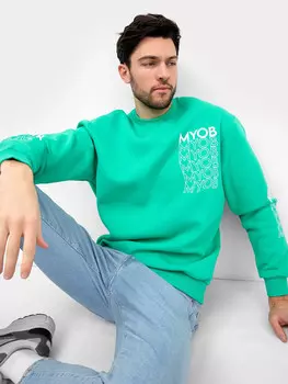 Теплый прямой джемпер бирюзового цвета с текстовым принтом