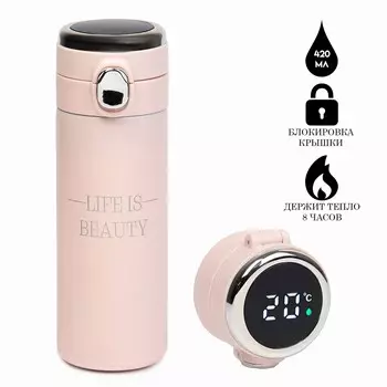 Термос, 420 мл, life is beauty, сохраняет тепло 8 ч, термометр