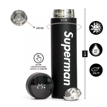 Термос, 500 мл, superman, с ситечком, с датчиком температуры, сохраняет тепло 8 ч