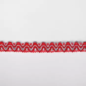 Тесьма красная с серебром, волна 1,8 см, в рулоне 10 метров
