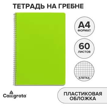 Тетрадь a4 на гребне, 60 листов в клетку, calligrata, пластиковая обложка, зеленая