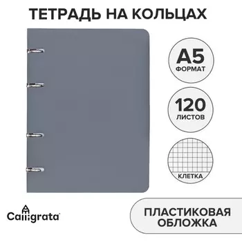 Тетрадь на кольцах a5 120 листов в клетку calligrata серая, пластиковая обложка, блок офсет