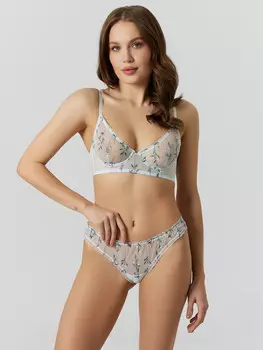 Трусы бразилиана женские голубые из сеточки с вышивкой