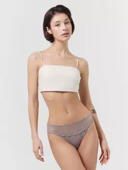 Трусы бразилиана женские серые с цветочным принтом и кружевом