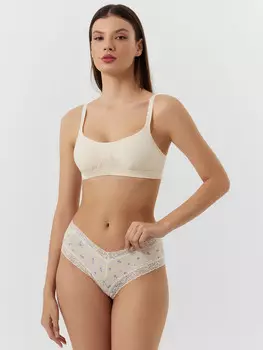 Трусы бразилиана женские кремовые с цветочным принтом