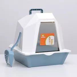 Туалет для кошек фигурный закрытый с совком, 54 х 37 х 40 см, бело-серый