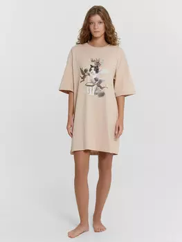 Туника женская бежевая с принтом и надписью