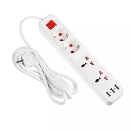 Удлинитель luazon lighting, 2 евро+2 унив.роз., 3 м,2200вт, 2х0.5 мм2, 3хusb, с выкл., б