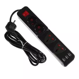 Удлинитель luazon lighting, 2 евро+2 унив.роз., 3 м,2200вт, 2х0.75 мм2, 3хusb, с выключателем, черный
