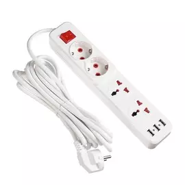 Удлинитель luazon lighting, 2 евро+2 унив.роз., 5 м, 2200вт, 2х0.5 мм2, 3хusb, с выкл., б