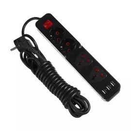 Удлинитель luazon lighting, 2 евро+2 унив.роз., 5 м, 2200вт, 2х0.5 мм2, 3хusb, с выкл., ч