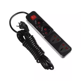 Удлинитель luazon lighting, 2 евро+2 унив.роз., 5 м, 2200 вт, 2х0.5 мм2, с выкл., черный