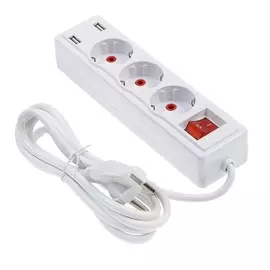 Удлинитель luazon lighting, 3 розетки, 2 м, 10 а, 2200вт, 2х0.75 мм2, 2хusb, с выкл., б