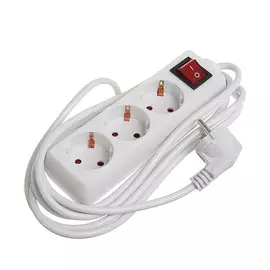 Удлинитель luazon lighting, 3 розетки, 3 м, 6 а, 1300 вт, 30.75 мм2, с заземлением, с выключателем, белый