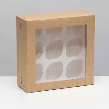 Коробка для 9 капкейков с окном, крафт, 252510 см