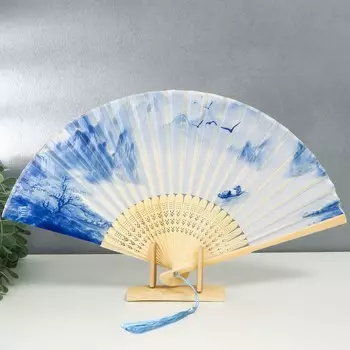 Веер бамбук, текстиль h=23 см