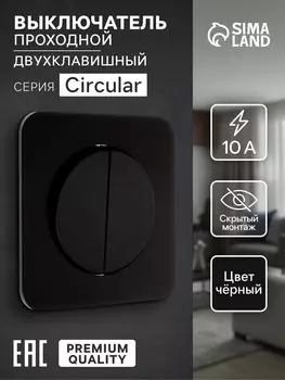 Выключатель проходной, серия circular, 10 а, двухклавишный, скрытый монтаж, черный